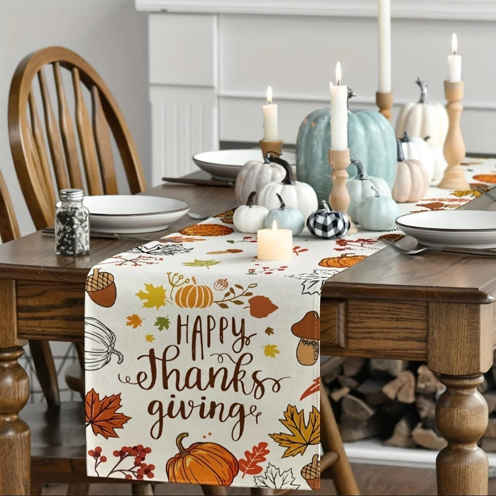 Happy Thanks Giving Pumpkin Maple Leaves Thanksgiving Table Runner Decoration for 45x30, 90x33, 150x33, 180x33, 220x33,260x33Z