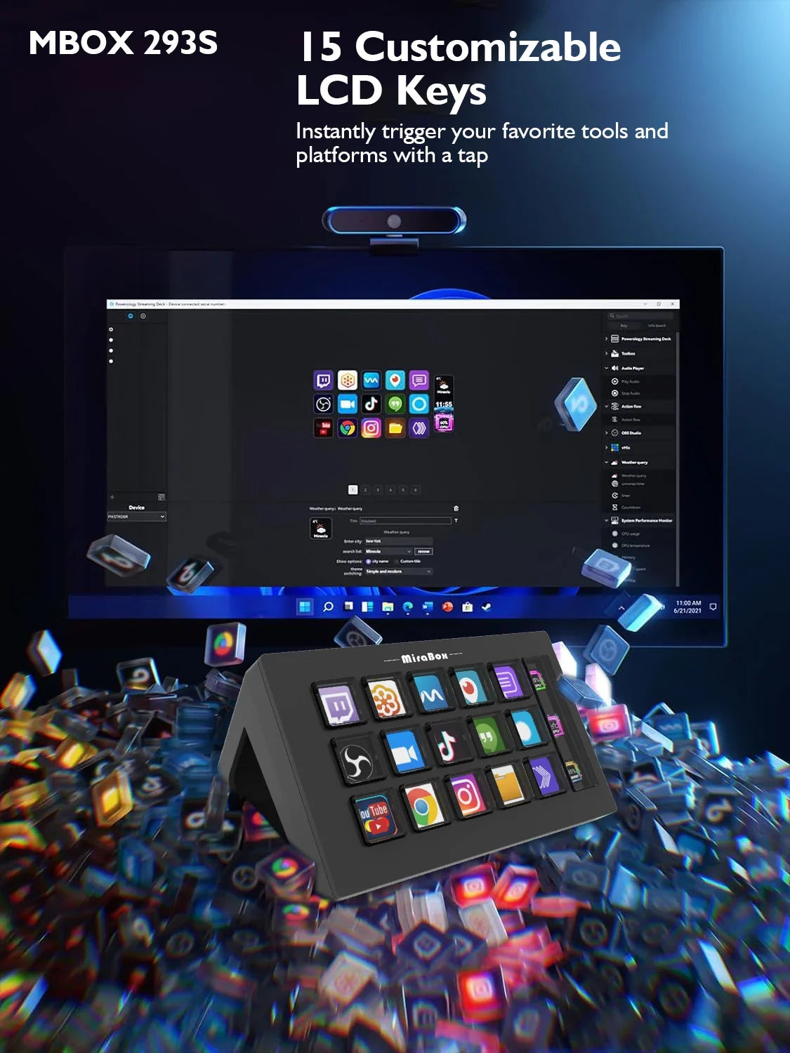 Mirabox 293s Streamdeck Visual 15 Keys Mini Keyboard Lcd Button Living Controller Button For Win/Macos Desktop Controller Custom
