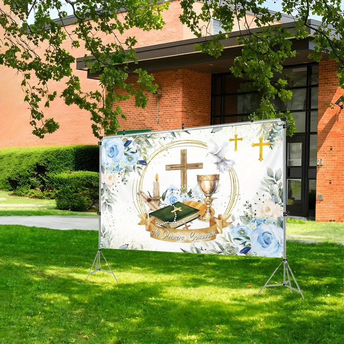 1 First Communion Thanks background with banner - Religious flower cross Holy Grail design with shining green leaves