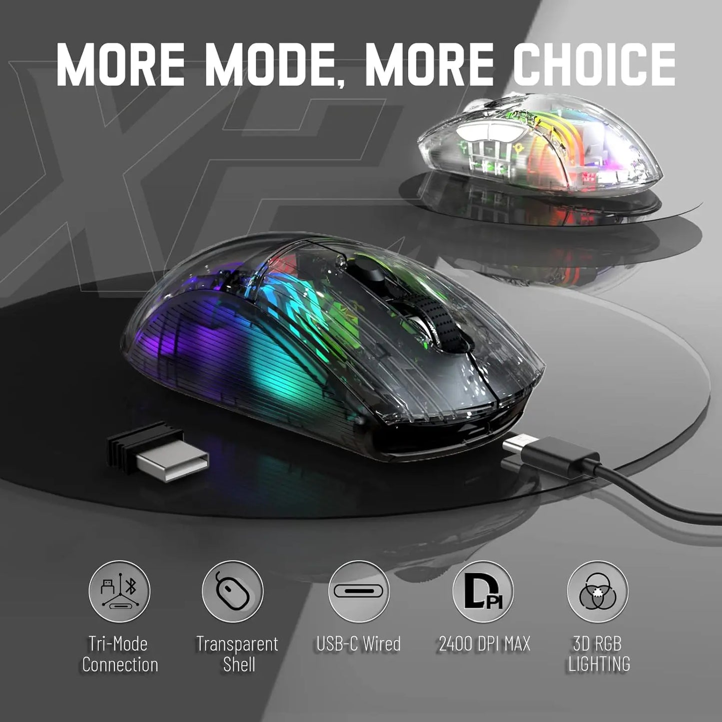 ATTACK SHARK X2 Pro Triple Mode Wireless Transparent Shell Gaming Mouse RGB Rechargeable 4000 DPI Rechargeable Dock Mouse