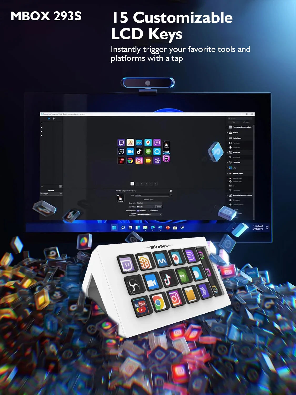 Mirabox 293s Streamdeck Visual 15 Keys Mini Keyboard Lcd Button Living Controller Button For Win/Macos Desktop Controller Custom