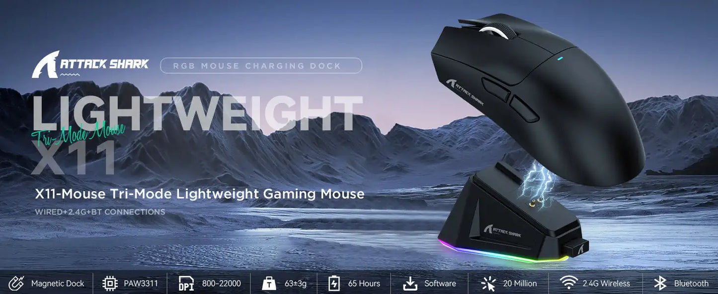 ATTACK SHARK X11 Lightweight Three-mode Wireless Gaming Mouse with RGB Charging Dock Optical Sensor PAW3311 22K DPI PC/Mac