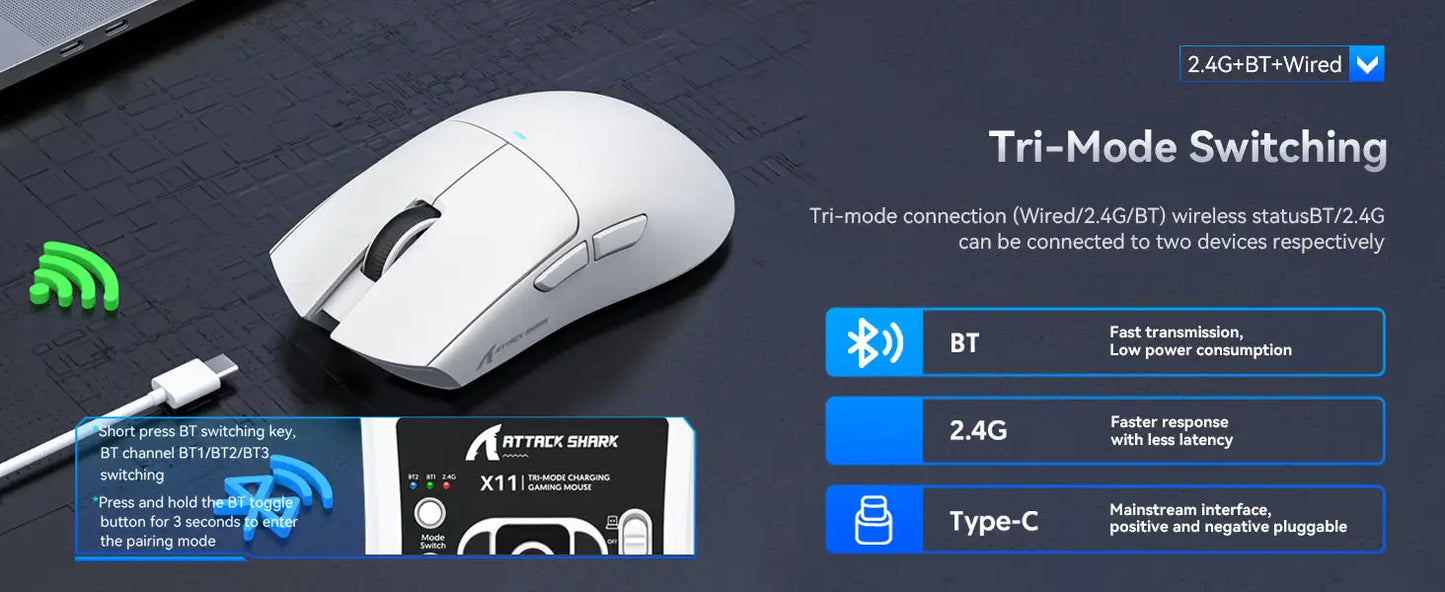 ATTACK SHARK X11 Lightweight Three-mode Wireless Gaming Mouse with RGB Charging Dock Optical Sensor PAW3311 22K DPI PC/Mac