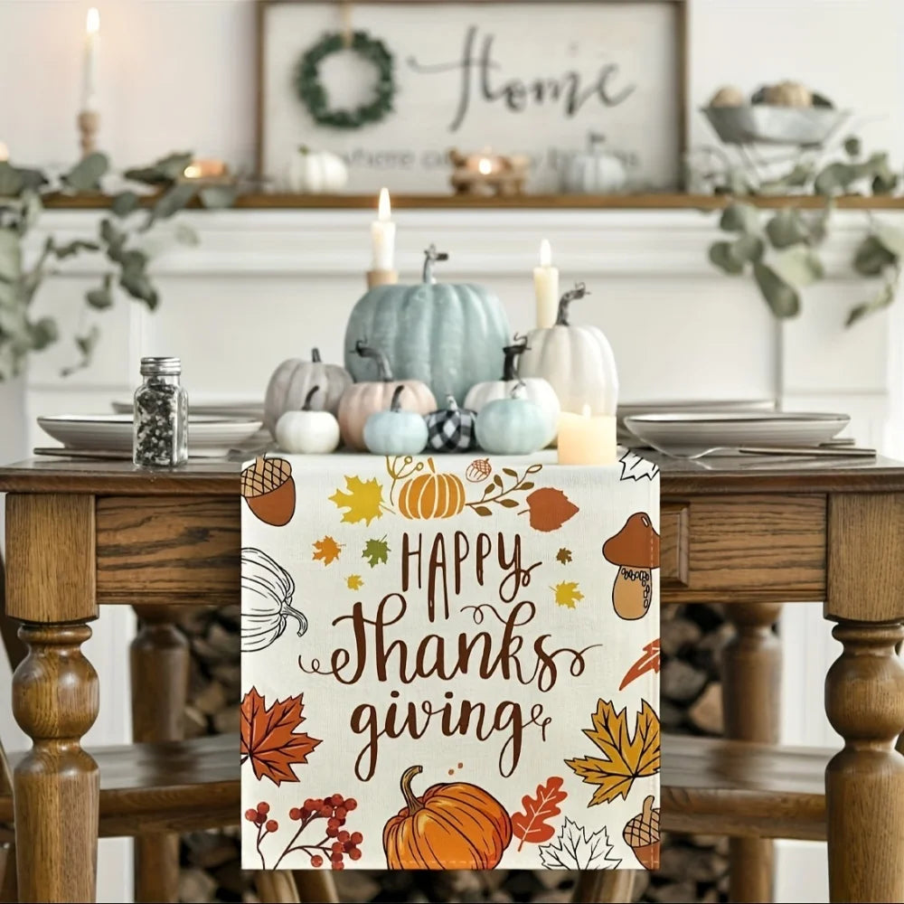 Happy Thanks Giving Pumpkin Maple Leaves Thanksgiving Table Runner Decoration for 45x30, 90x33, 150x33, 180x33, 220x33,260x33Z