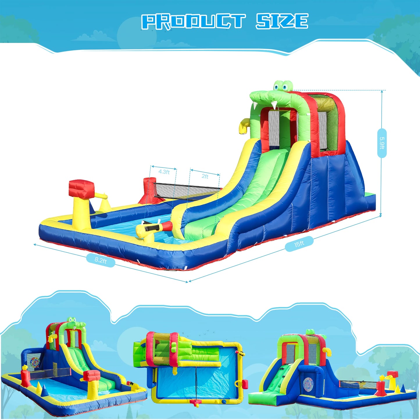 8-in-1 Crocodile Inflatable Water Slide Park for Kids Backyard Wet and Dry Commercial children's playground