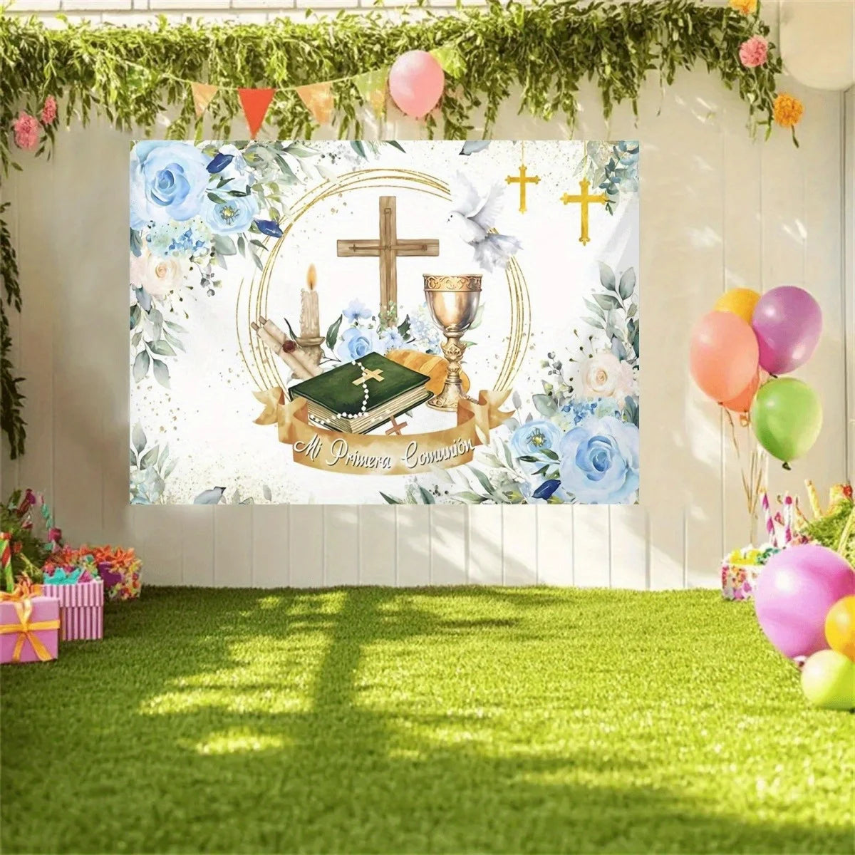 1 First Communion Thanks background with banner - Religious flower cross Holy Grail design with shining green leaves