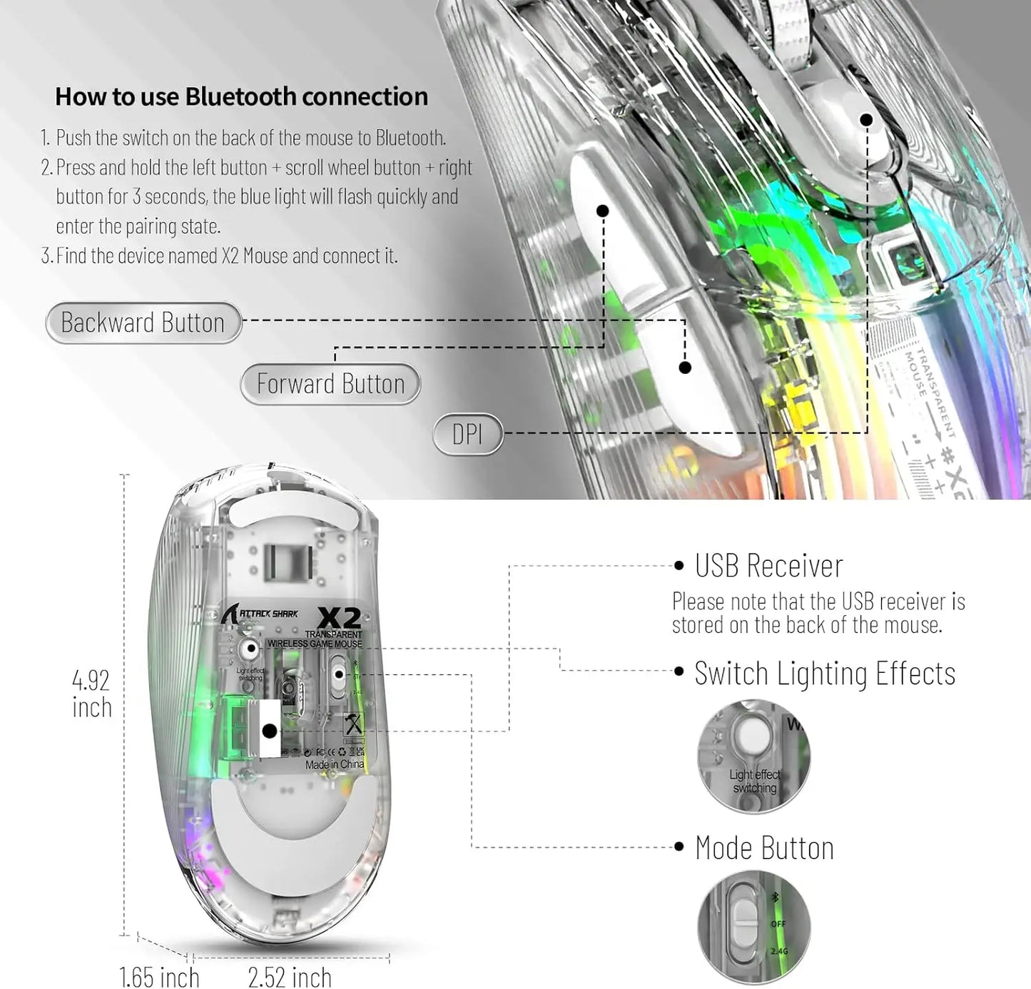 ATTACK SHARK X2 Pro Triple Mode Wireless Transparent Shell Gaming Mouse RGB Rechargeable 4000 DPI Rechargeable Dock Mouse