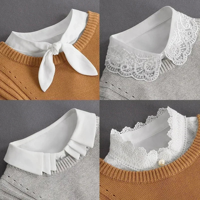 Fashion 2024 Front Tie White Fake Collar for Women Stand Detachable Collar Fake Girls Vintage Lace Ladies False Blouse Collar