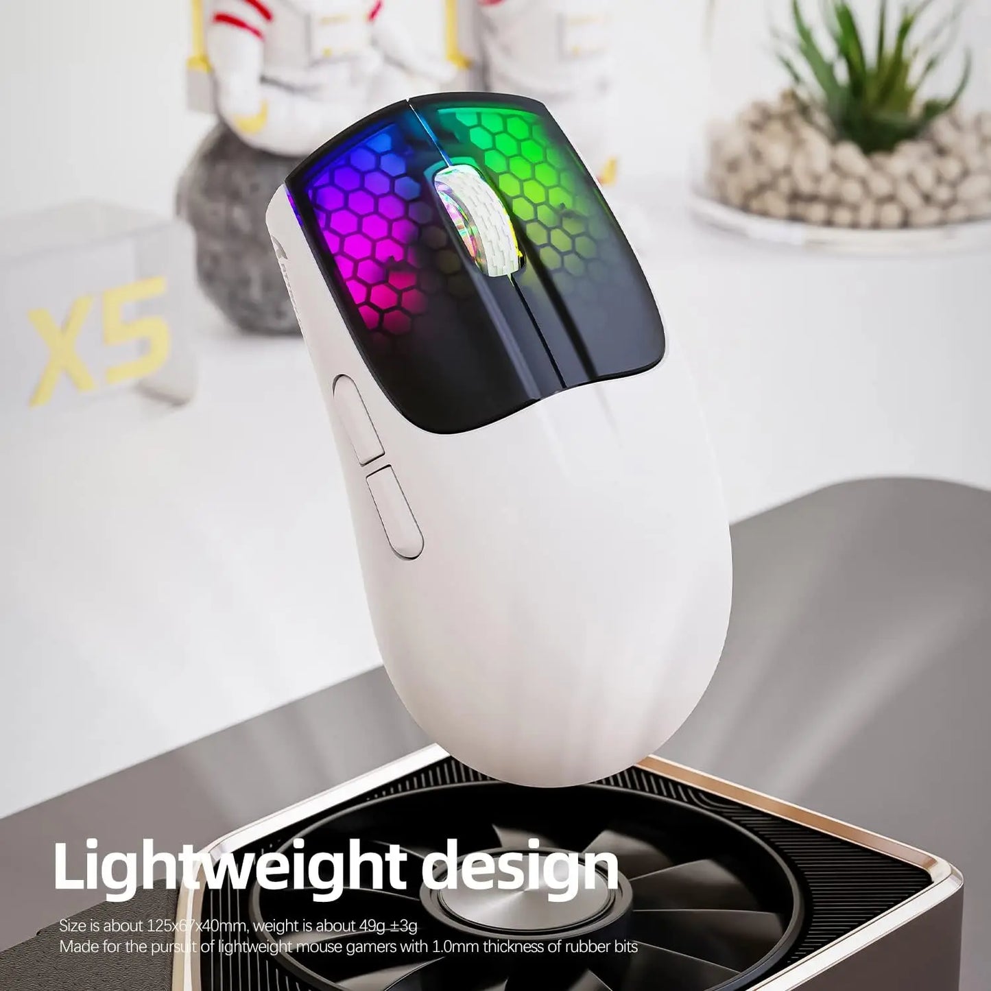 ATTACK SHARK X5 Tri-Mode Wireless Rechargeable Gaming Mouse, 49g Lightweight PAW3212 Optical Sensor GB LED Honeycomb Mouse