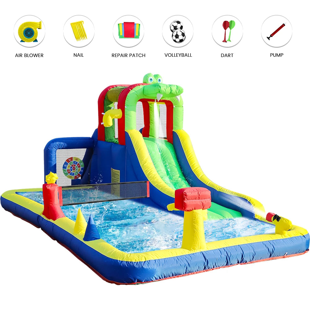 8-in-1 Crocodile Inflatable Water Slide Park for Kids Backyard Wet and Dry Commercial children's playground