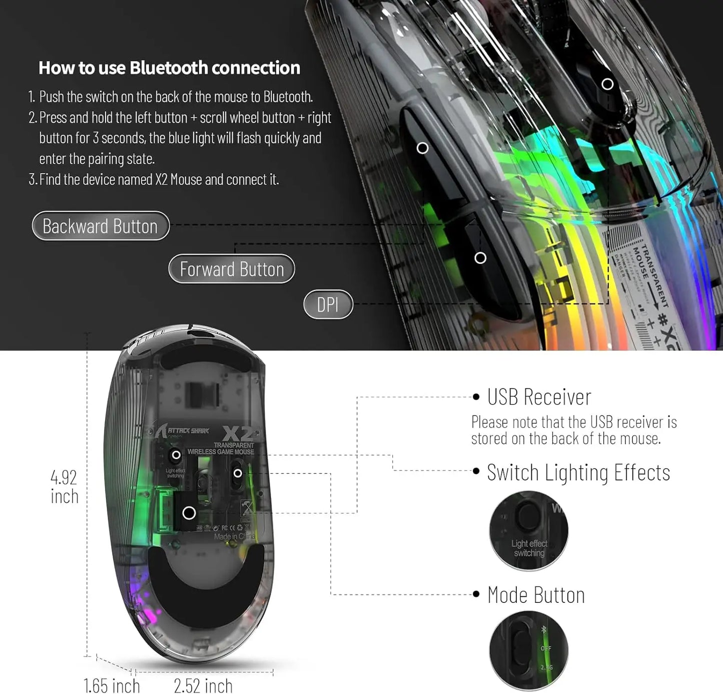 ATTACK SHARK X2 Pro Triple Mode Wireless Transparent Shell Gaming Mouse RGB Rechargeable 4000 DPI Rechargeable Dock Mouse