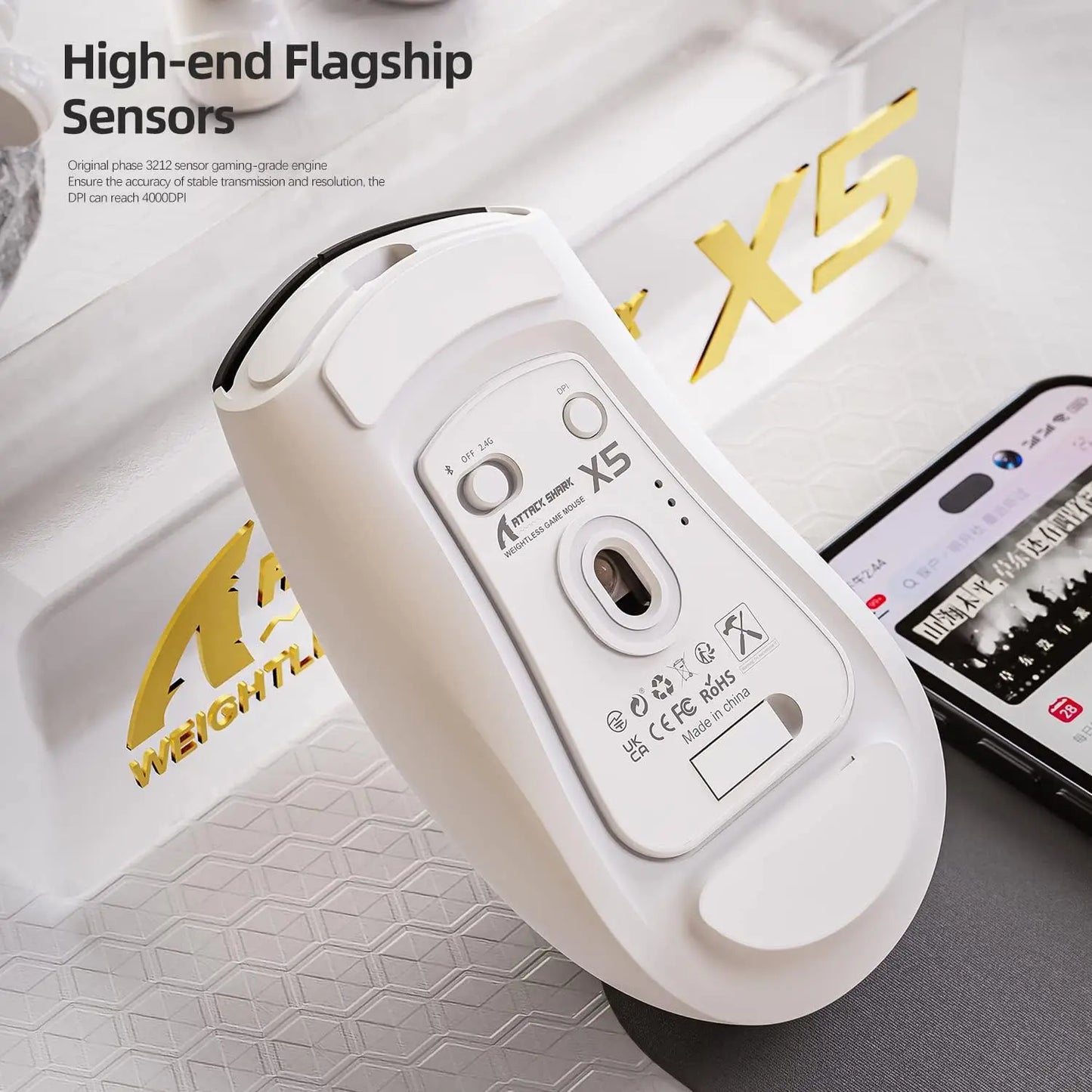 ATTACK SHARK X5 Tri-Mode Wireless Rechargeable Gaming Mouse, 49g Lightweight PAW3212 Optical Sensor GB LED Honeycomb Mouse