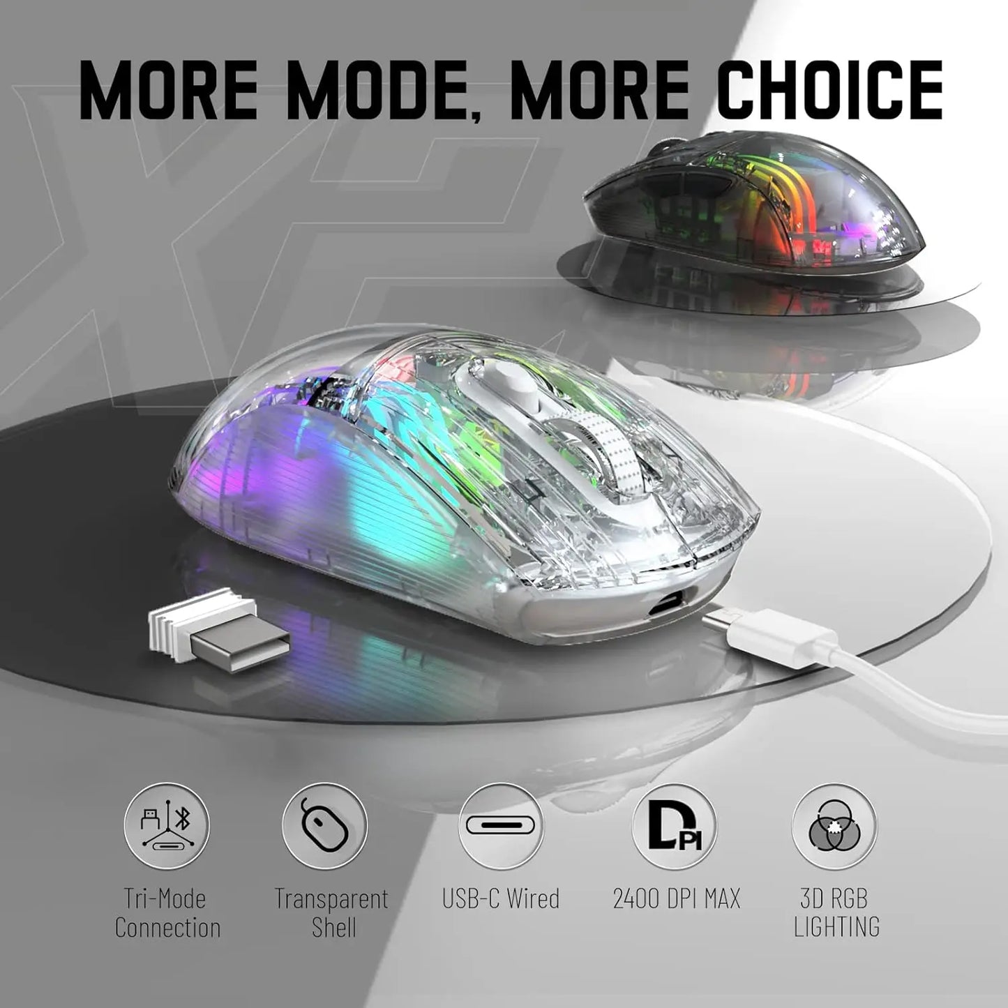 ATTACK SHARK X2 Pro Triple Mode Wireless Transparent Shell Gaming Mouse RGB Rechargeable 4000 DPI Rechargeable Dock Mouse