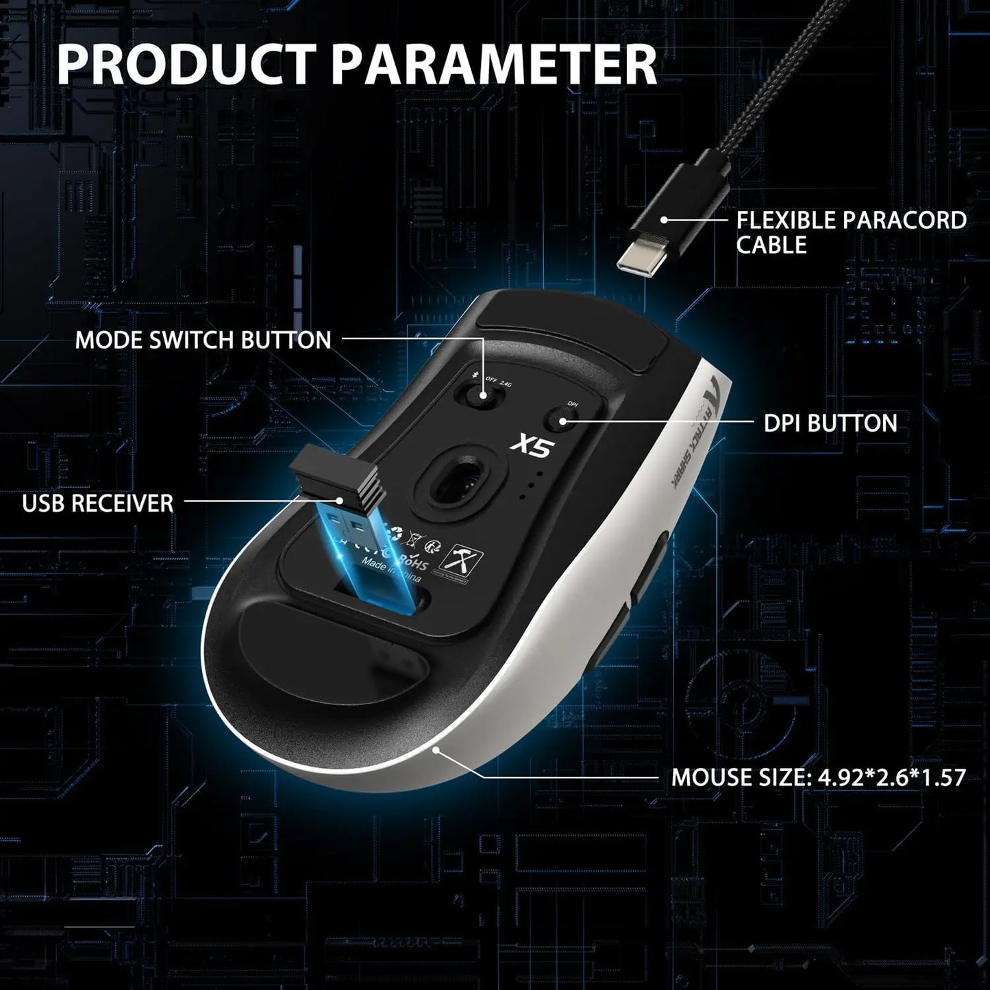 ATTACK SHARK X5 Tri-Mode Wireless Rechargeable Gaming Mouse, 49g Lightweight PAW3212 Optical Sensor GB LED Honeycomb Mouse