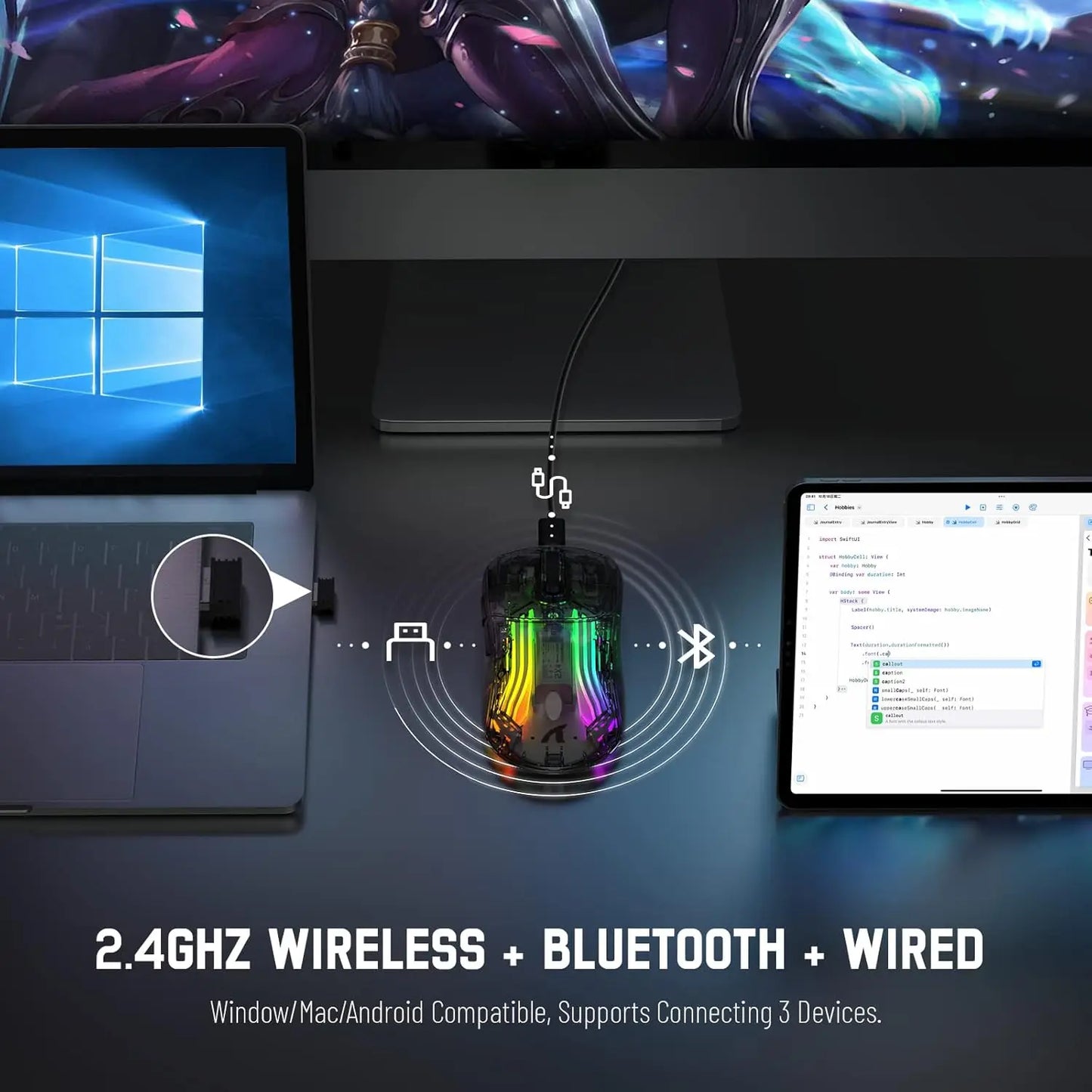 ATTACK SHARK X2 Pro Triple Mode Wireless Transparent Shell Gaming Mouse RGB Rechargeable 4000 DPI Rechargeable Dock Mouse